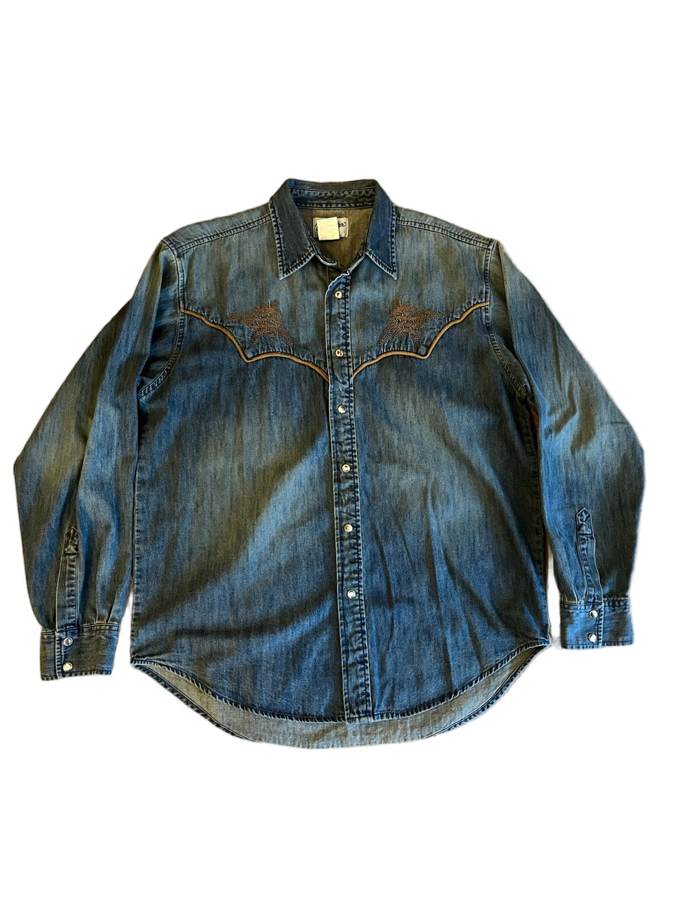 Wrangler Denim Western Pearl Snap Shirt Embroidered Yoke Blue Men's M